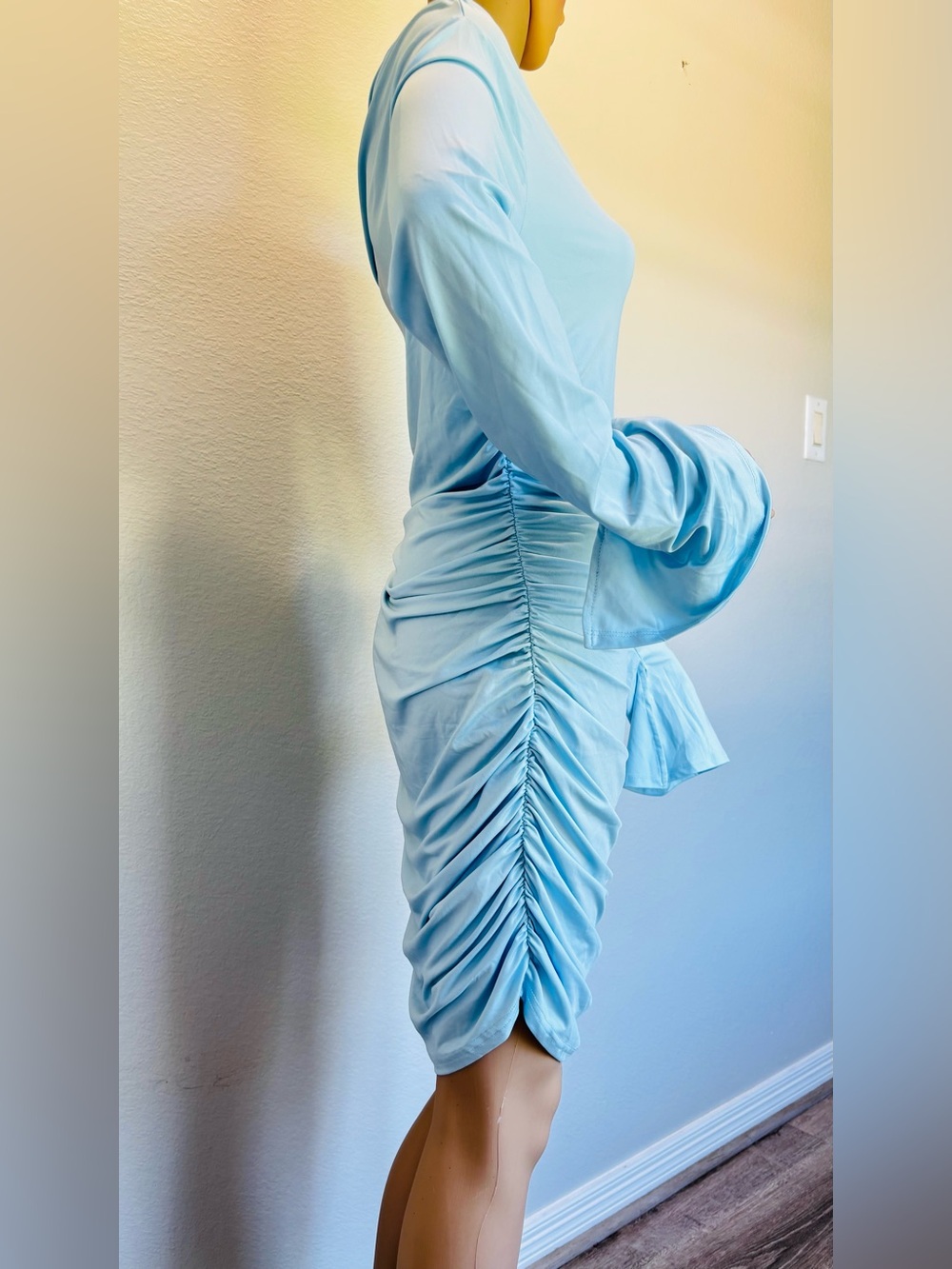 SHEIN Baby Blue One-Shoulder Ruched Mini Dress with Rosette Ruffle NWT - Picture 15 of 16